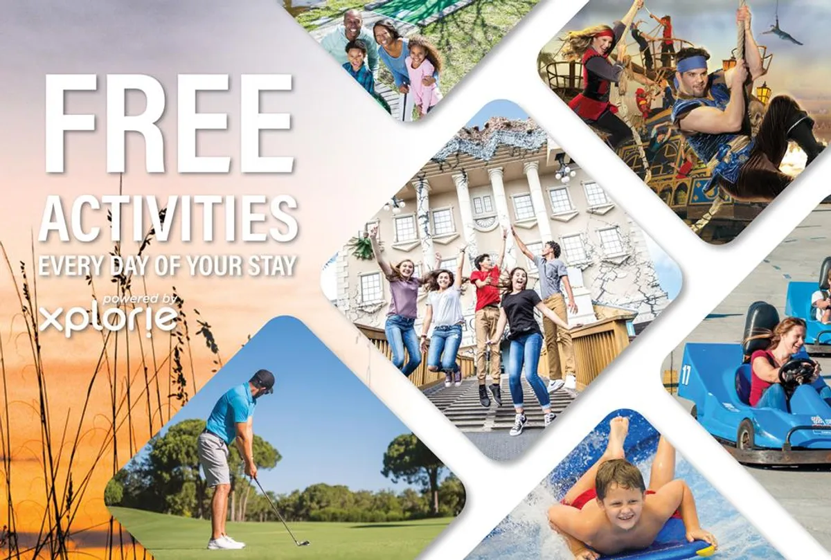 An active outdoor scene with families golfing, children playing, and people engaged in water and adventure activities. The environment is lively and family-oriented, with a variety of entertainment options.